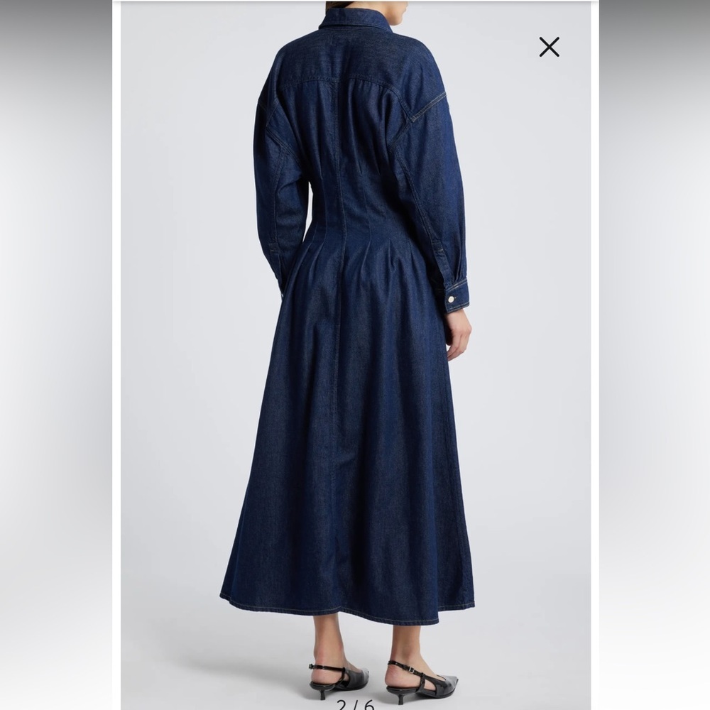 new Frame Denim nipped pleated maxi dress in indigo dark wash denim - Picture 4 of 9